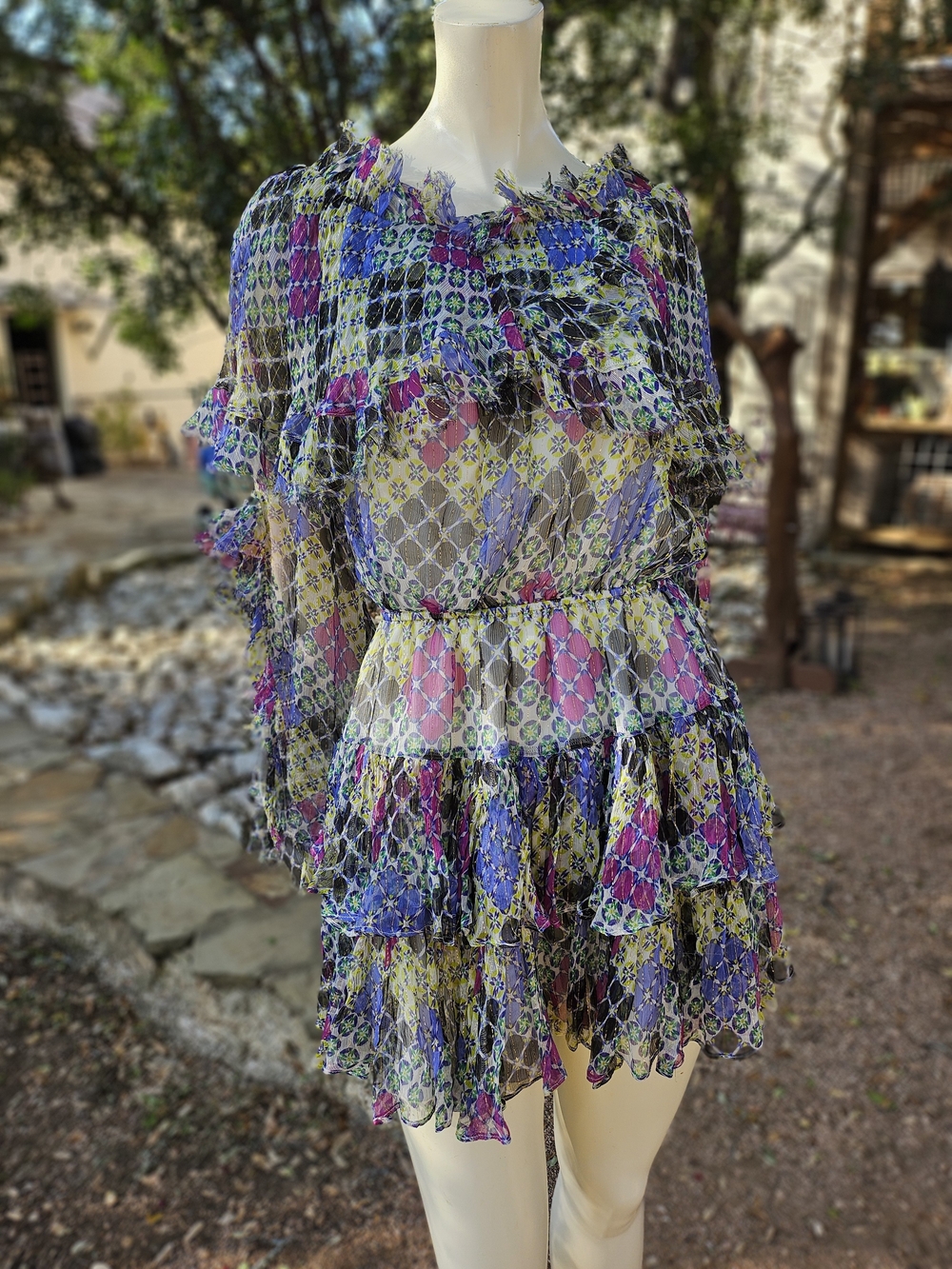 Caroline Constas Multicolor Floral Ruffled Tiered Mini Silk Dress Open Sleeves S